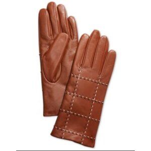 Charter Club, Plaid Topstitch Leather Gloves, Saddle, Small
